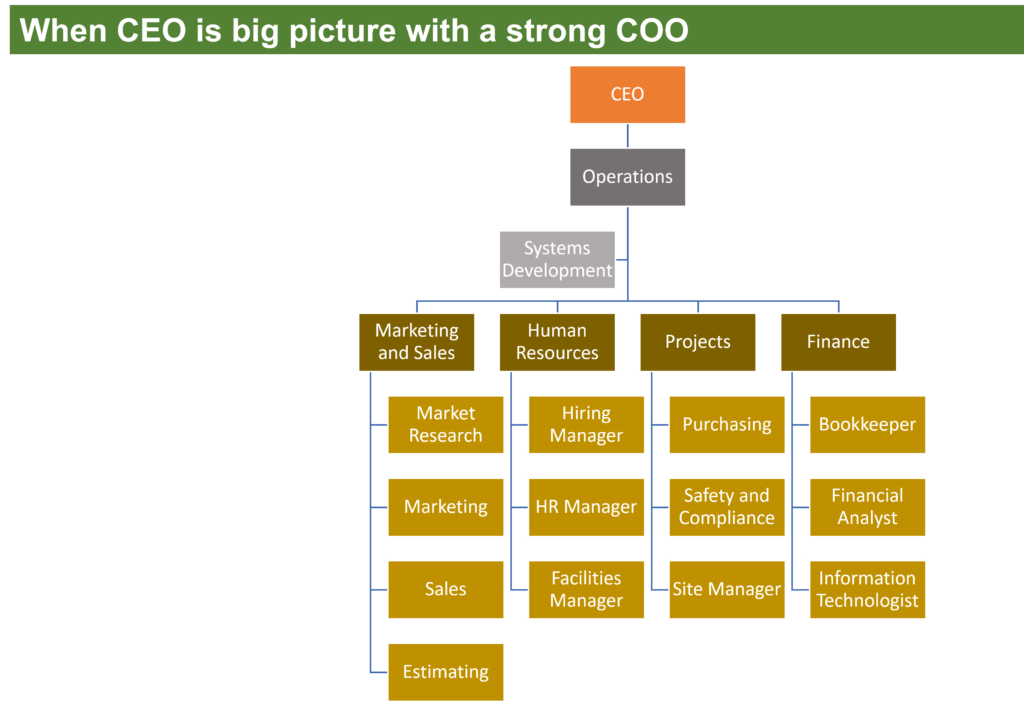 Organization structure (orgchart) for when Chief Executive Officer is big picture only with a strong Chief Operating Officer